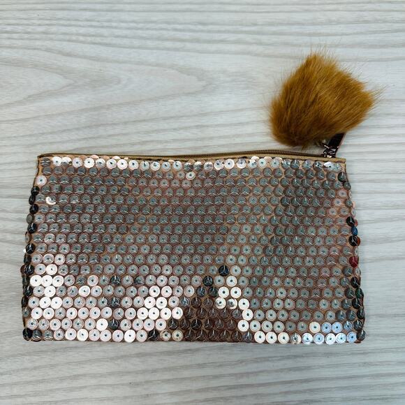 MAC POM Rose Gold Metallic Bling Sequin Clutch Pouch Cosmetic Make Up Wallet - Picture 1 of 5